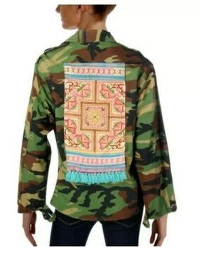 TRICIA FIX vintage embroidered fringe camo military field jacket coat XS